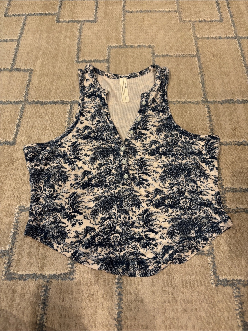 Aritzia Navy and White Floral Henley Tank